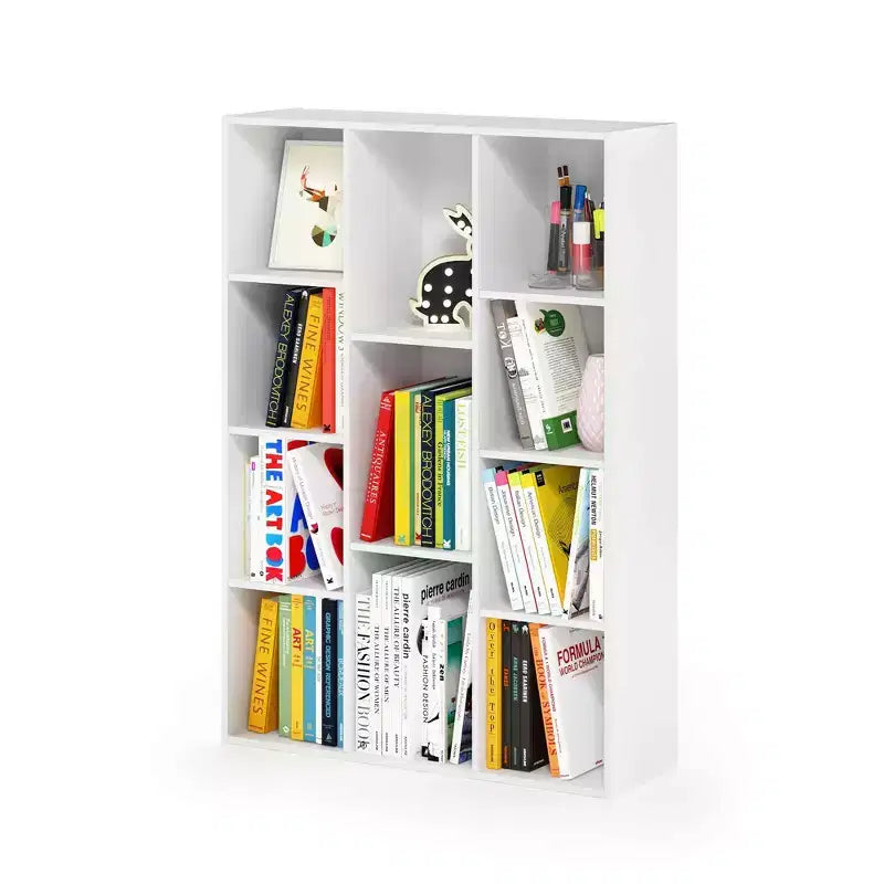 Bibliothèque ouverte à 3 niveaux, étagère de rangement à 11 casiers, meuble de présentation au sol, blanc