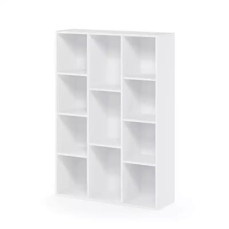 Bibliothèque ouverte à 3 niveaux, étagère de rangement à 11 casiers, meuble de présentation au sol, blanc
