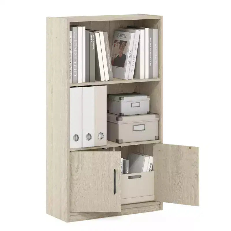 Étagère décorative à 3 niveaux bibliothèque ouverte étagère de présentation avec 2 cubes et 2 portes armoire de rangement, pin métropolitain