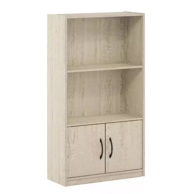 Étagère décorative à 3 niveaux bibliothèque ouverte étagère de présentation avec 2 cubes et 2 portes armoire de rangement, pin métropolitain