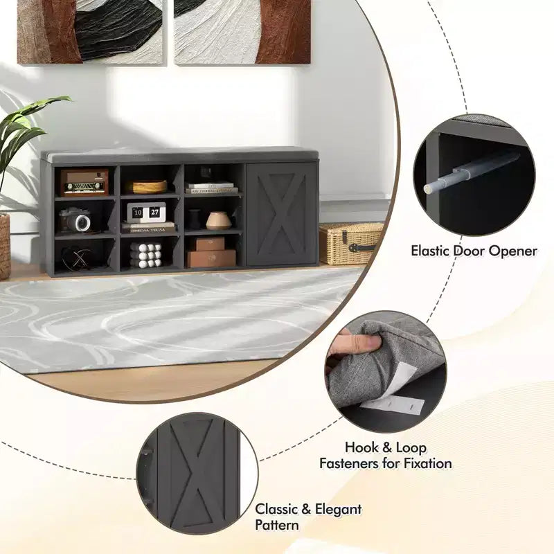 Banc à chaussures avec coussin rembourré 9 cubes Meuble à chaussures de rangement réglable Blanc/Gris/Marron rustique
