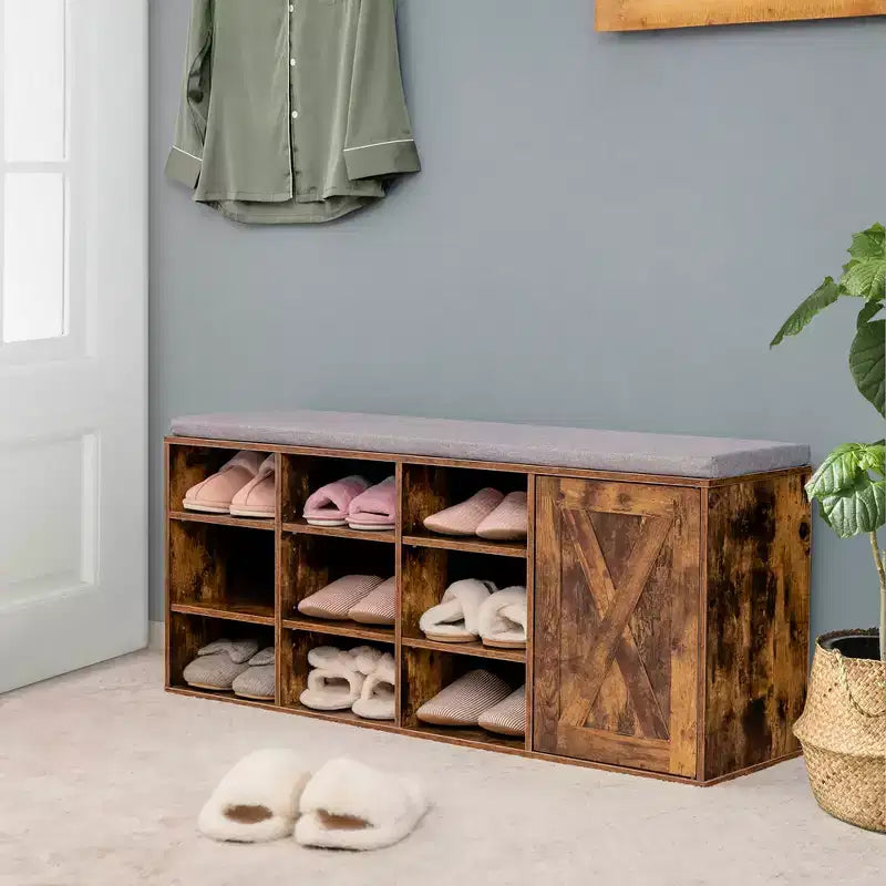 Banc à chaussures avec coussin rembourré 9 cubes Meuble à chaussures de rangement réglable Blanc/Gris/Marron rustique