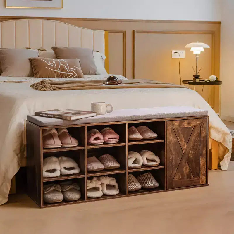 Banc à chaussures avec coussin rembourré 9 cubes Meuble à chaussures de rangement réglable Blanc/Gris/Marron rustique