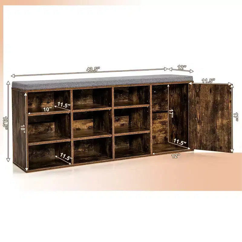 Banc à chaussures avec coussin rembourré 9 cubes Meuble à chaussures de rangement réglable Blanc/Gris/Marron rustique