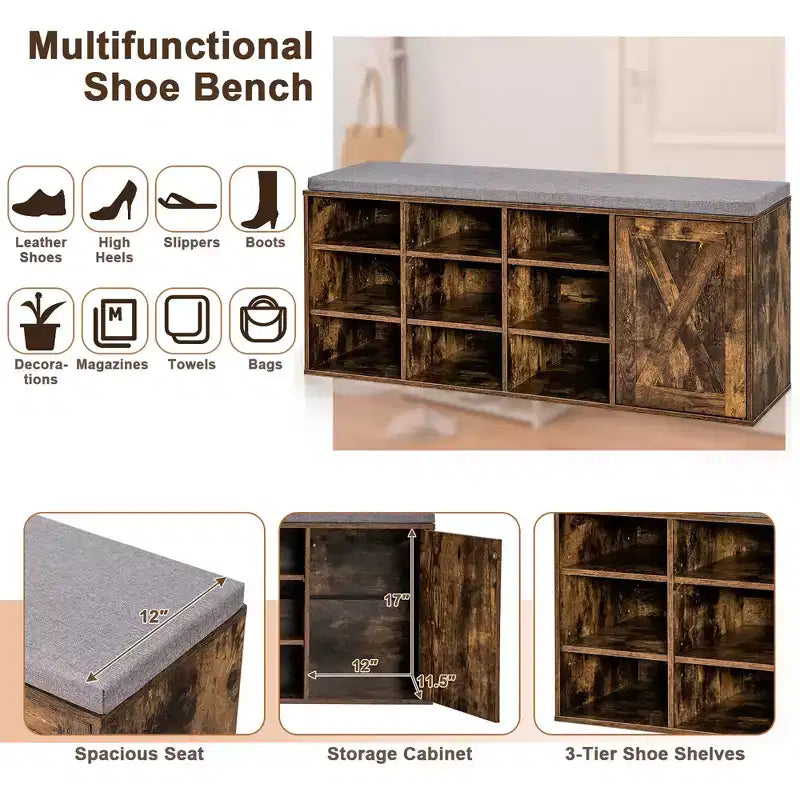 Banc à chaussures avec coussin rembourré 9 cubes Meuble à chaussures de rangement réglable Blanc/Gris/Marron rustique