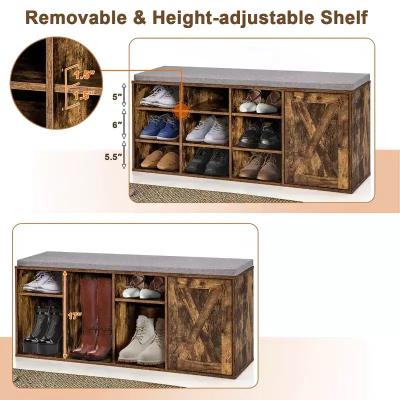 Banc à chaussures avec coussin rembourré 9 cubes Meuble à chaussures de rangement réglable Blanc/Gris/Marron rustique