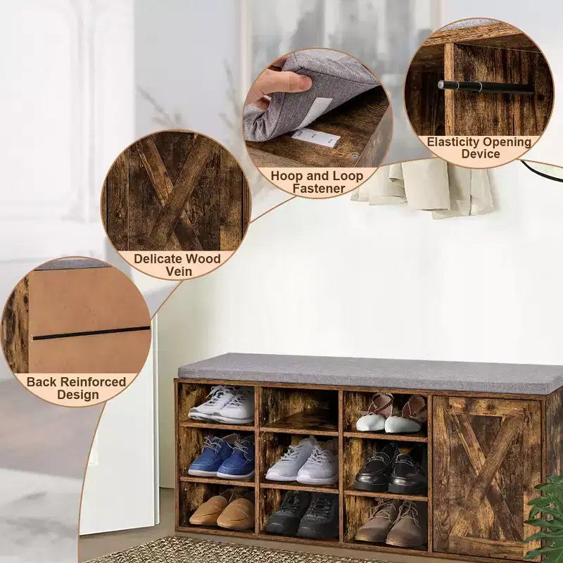 Banc à chaussures avec coussin rembourré 9 cubes Meuble à chaussures de rangement réglable Blanc/Gris/Marron rustique