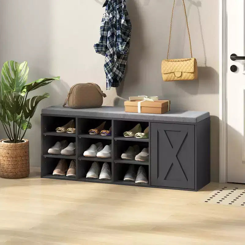 Banc à chaussures avec coussin rembourré 9 cubes Meuble à chaussures de rangement réglable Blanc/Gris/Marron rustique