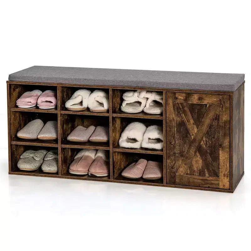 Banc à chaussures avec coussin rembourré 9 cubes Meuble à chaussures de rangement réglable Blanc/Gris/Marron rustique