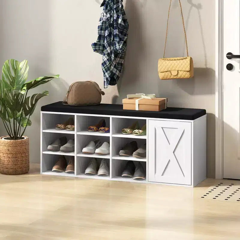 Banc à chaussures avec coussin rembourré 9 cubes Meuble à chaussures de rangement réglable Blanc/Gris/Marron rustique