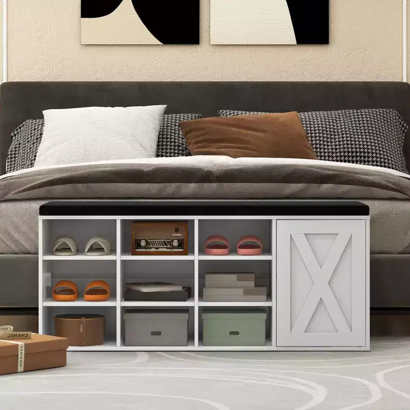 Banc à chaussures avec coussin rembourré 9 cubes Meuble à chaussures de rangement réglable Blanc/Gris/Marron rustique