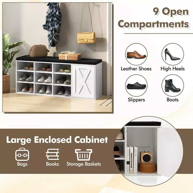 Banc à chaussures avec coussin rembourré 9 cubes Meuble à chaussures de rangement réglable Blanc/Gris/Marron rustique