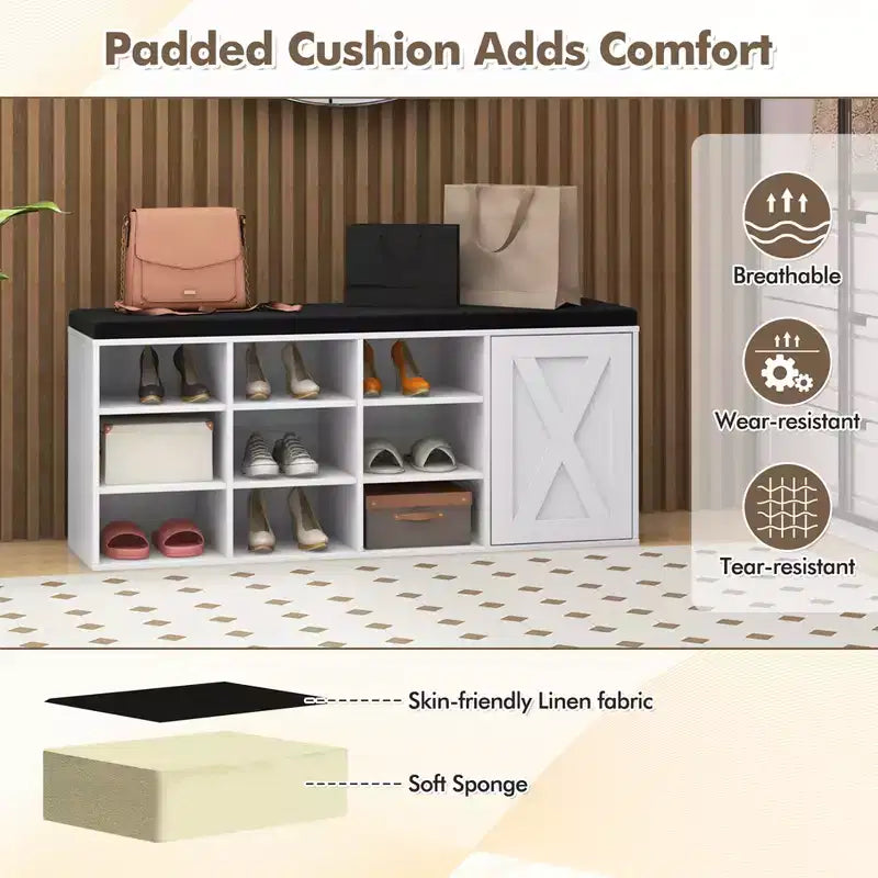 Banc à chaussures avec coussin rembourré 9 cubes Meuble à chaussures de rangement réglable Blanc/Gris/Marron rustique