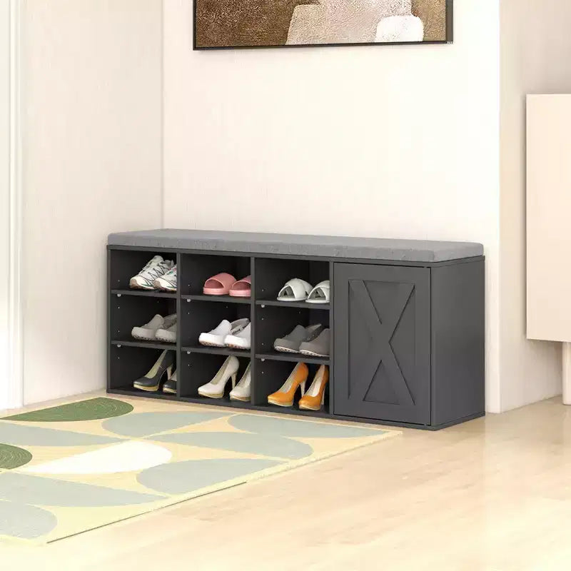 Banc à chaussures avec coussin rembourré 9 cubes Meuble à chaussures de rangement réglable Blanc/Gris/Marron rustique