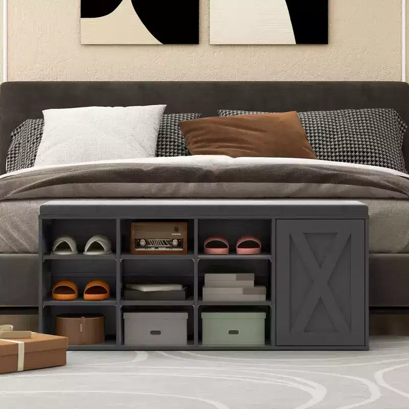 Banc à chaussures avec coussin rembourré 9 cubes Meuble à chaussures de rangement réglable Blanc/Gris/Marron rustique