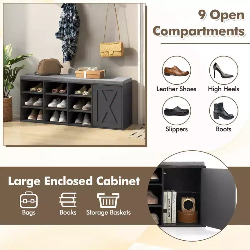 Banc à chaussures avec coussin rembourré 9 cubes Meuble à chaussures de rangement réglable Blanc/Gris/Marron rustique