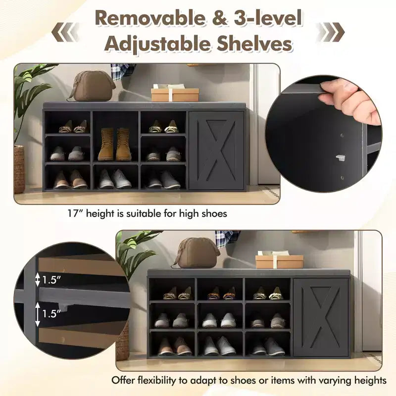 Banc à chaussures avec coussin rembourré 9 cubes Meuble à chaussures de rangement réglable Blanc/Gris/Marron rustique