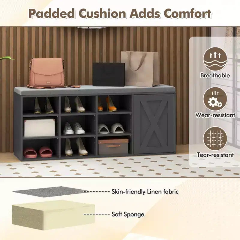 Banc à chaussures avec coussin rembourré 9 cubes Meuble à chaussures de rangement réglable Blanc/Gris/Marron rustique