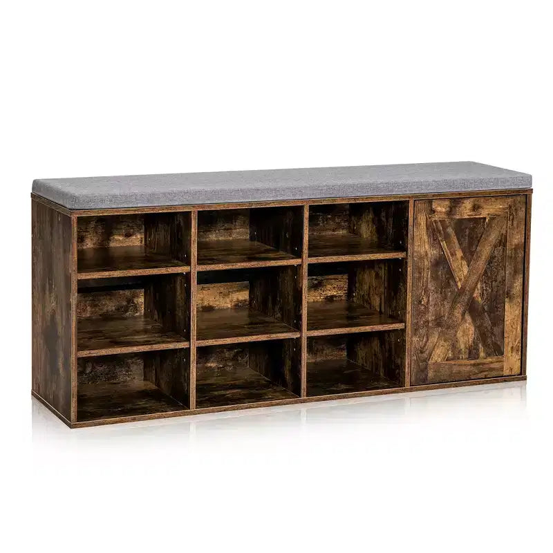 Banc à chaussures avec coussin rembourré 9 cubes Meuble à chaussures de rangement réglable Blanc/Gris/Marron rustique