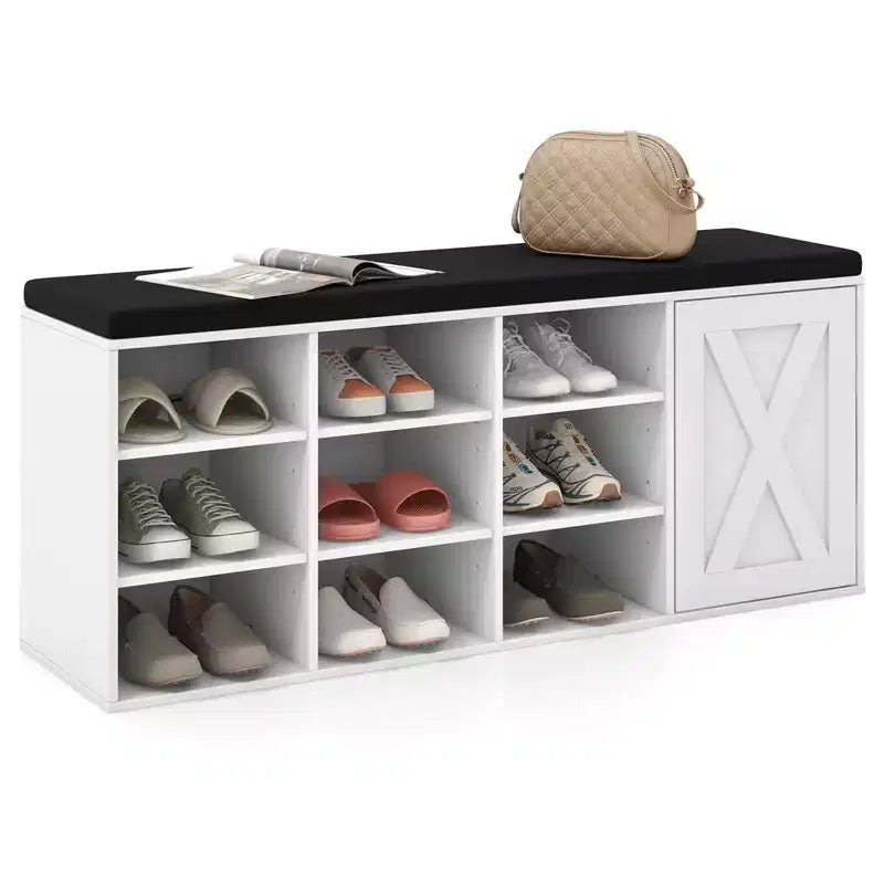 Banc à chaussures avec coussin rembourré 9 cubes Meuble à chaussures de rangement réglable Blanc/Gris/Marron rustique