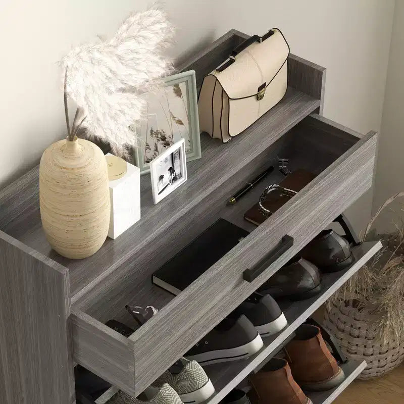 Meuble à Chaussures Fin, Meuble de Rangement à Chaussures Industriel avec 2 Tiroirs Basculants, Étagères Réglables, Tiroir Supérieur pour 12 Paires