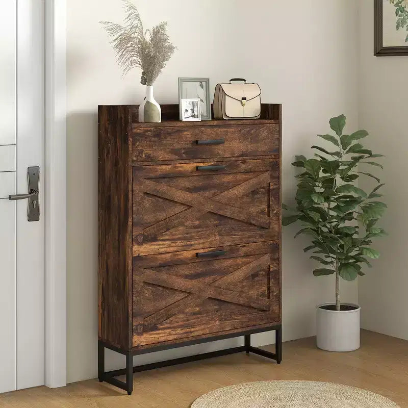 Meuble à Chaussures Fin, Meuble de Rangement à Chaussures Industriel avec 2 Tiroirs Basculants, Étagères Réglables, Tiroir Supérieur pour 12 Paires