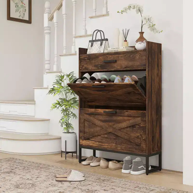 Meuble à Chaussures Fin, Meuble de Rangement à Chaussures Industriel avec 2 Tiroirs Basculants, Étagères Réglables, Tiroir Supérieur pour 12 Paires