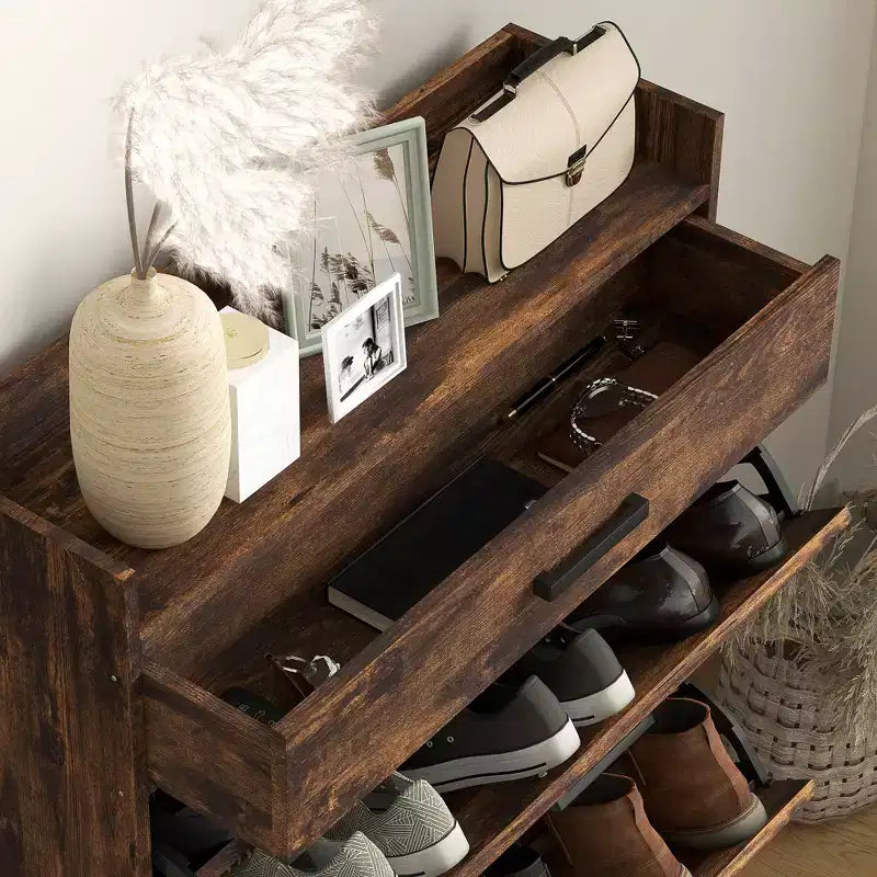 Meuble à Chaussures Fin, Meuble de Rangement à Chaussures Industriel avec 2 Tiroirs Basculants, Étagères Réglables, Tiroir Supérieur pour 12 Paires