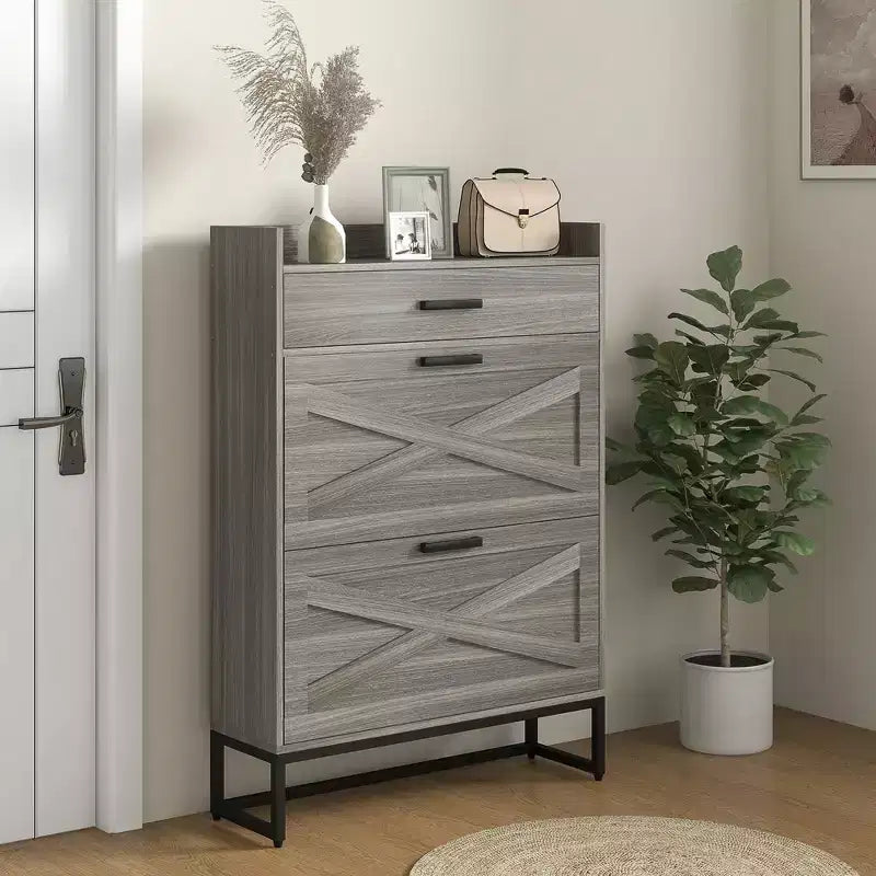 Meuble à Chaussures Fin, Meuble de Rangement à Chaussures Industriel avec 2 Tiroirs Basculants, Étagères Réglables, Tiroir Supérieur pour 12 Paires